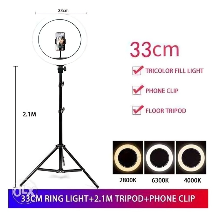 bundle of circle & tripod of ring light 33 cm 3 level of lighting (warm- neutral-white ) 2.1 Meters high ,phone clamp, using for makeup ,live stream ,