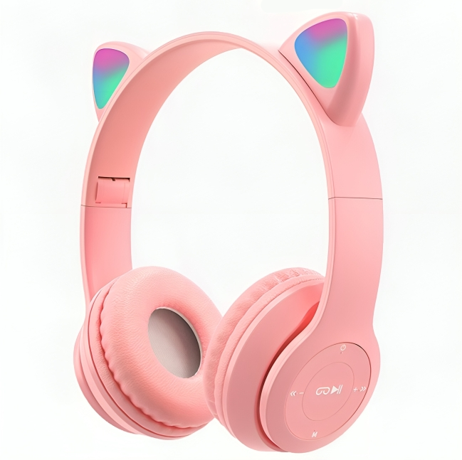 P47 Cat Wireless Gaming Headset, Bluetooth 5.0  , girls  Headphones,LED Light Up Bluetooth Over Ear Headphones for Girl and Adults Wearing (Pink)